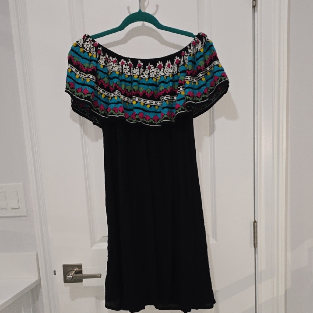 Perfectly Priscilla Black and Multicolor Off-Shoulder Dress